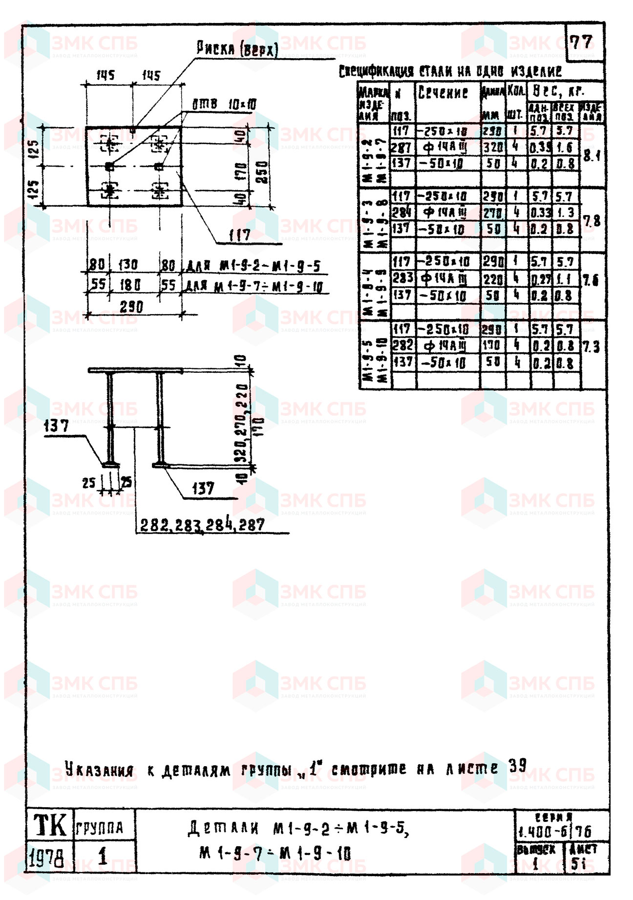 Закладные детали М1-9-2 - М1-9-5, М1-9-7 - М1-9-10 по серии 1.400-6/76 в.1 | ЗАВОД ЗМК СПБ